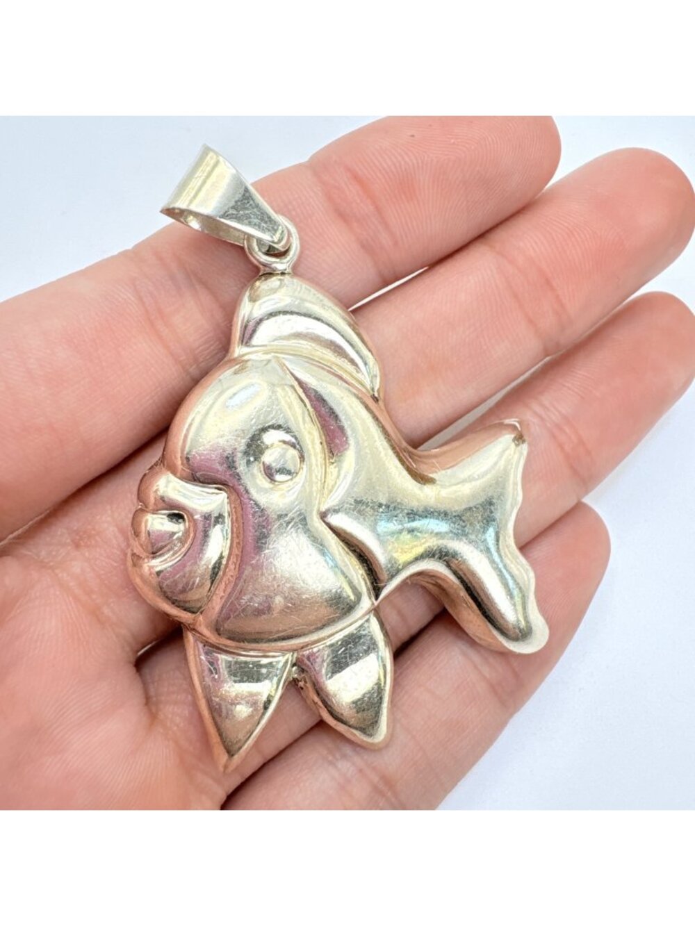 Whimsical Puffed Fish Pendant Sterling Silver 925 Size 2.5" Length